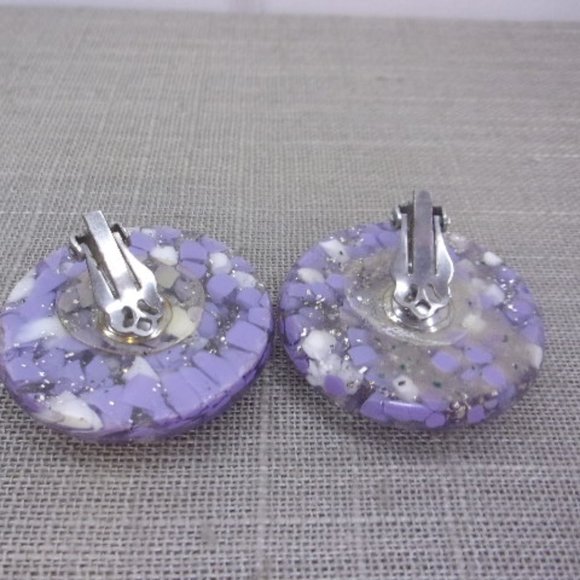 Purple White Confetti Lucite Clip Earrings - Picture 4 of 5